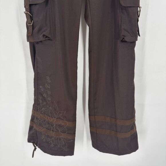 Y2K Express Cargo Floral Embroidered Wide Leg Pants Brown Size 4 Satin VTG - Picture 6 of 16
